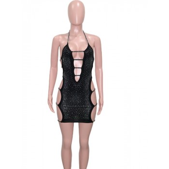 Chic Black Ladder Cut Out Crystal Mini Dress Summer Womens Spagetti Straps Sequin Night Dresses 